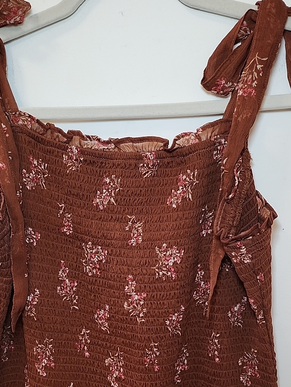 Abercrombie&Fitch Tie-Strap Smocked Mid Dress Chocolate brown floral print Sz XL - Picture 7 of 16
